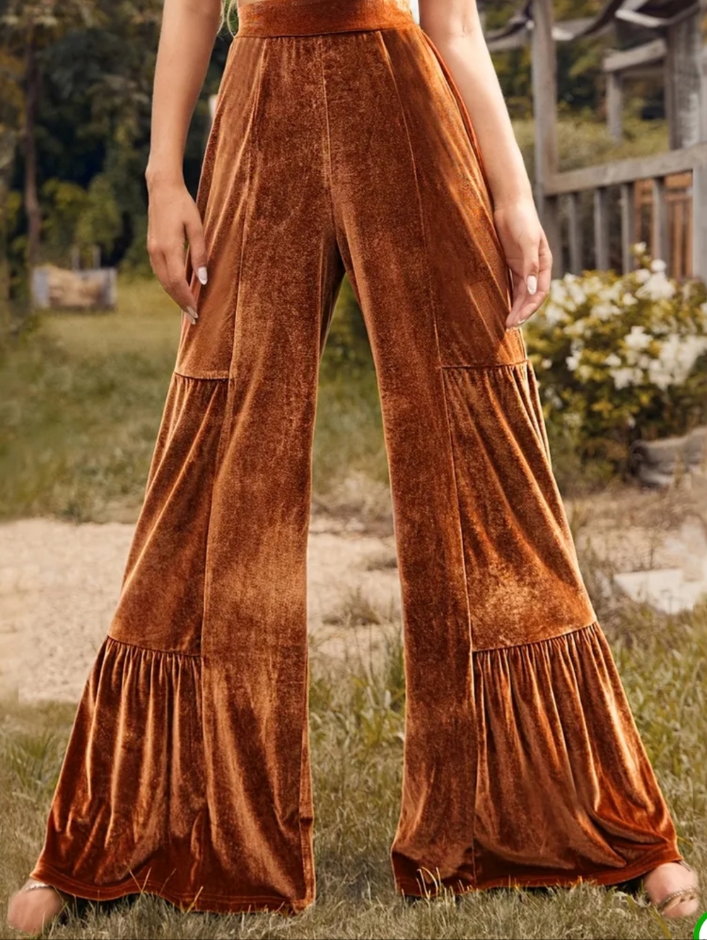 Velvet Wide-Leg Tiered Pants - Rust